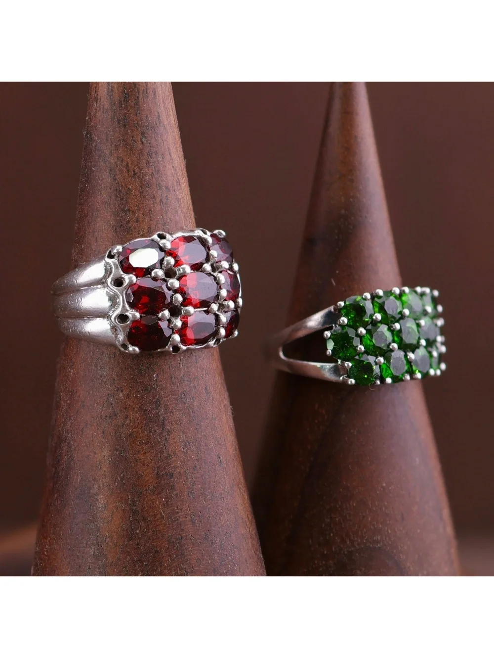 Two Sterling Cluster Statement Rings Deep Red Garnet & Forest Green Diopside 7